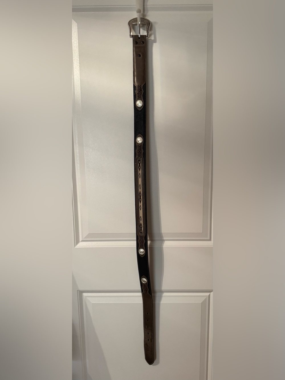 Nocona Brown/Black Leather Western Belt with Silver Buckle & Woven Accents Sz 36 - Picture 2 of 7